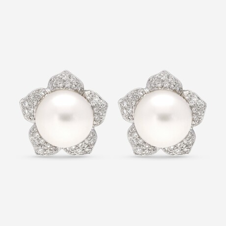 18K White Gold Diamond + South Sea Pearl Earrings
