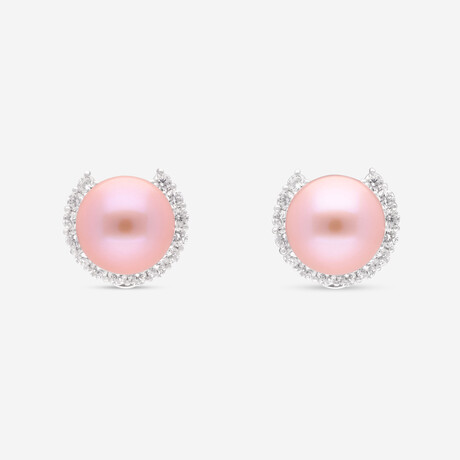 18K White Gold Round Diamond + Kasumi Pearl Stud Earrings