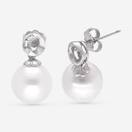 18K White Gold White Fresh Water Pearl + Diamond Drop Earrings