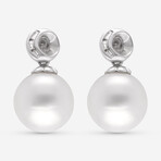 18K White Gold White Fresh Water Pearl + Diamond Drop Earrings