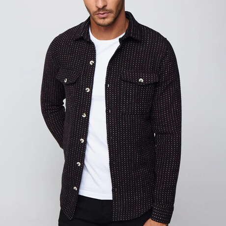 Slim Fit Striped Double Flap Pocket Shirt // Black + White + Burgundy (XS)