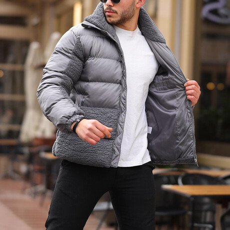 Plush Detailed Puffer Jacket // Gray (XS)