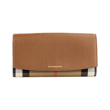 Burberry Henley Coca House Check Derby Leather Convertible Wallet Crossbody Handbag // Tan