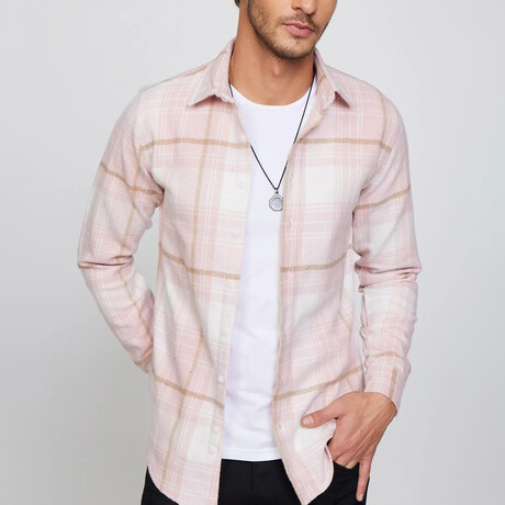 Plaid Flannel  Shirt // Pink + White + Light Brown (XS)