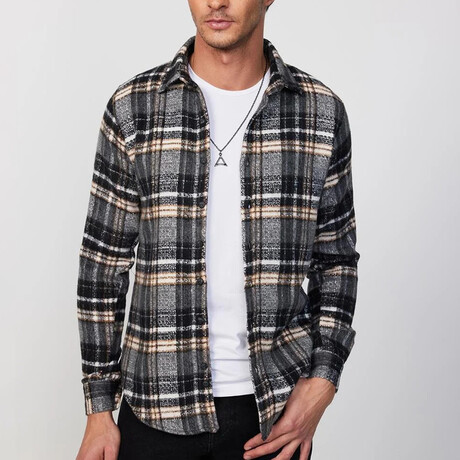 Plaid Flannel  Shirt // Black + White + Yellow (XS)