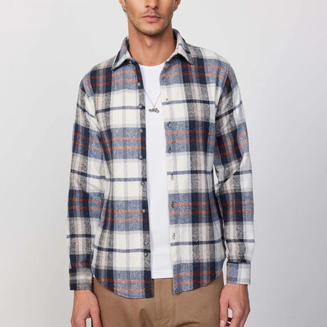 Big Plaid Flannel  Shirt // Navy Blue + White + Orange (XS)