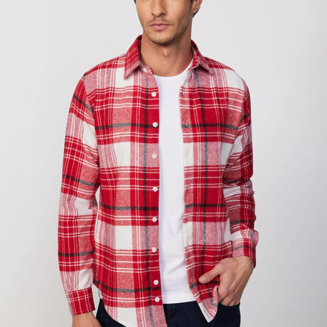 Big Plaid Flannel  Shirt // Red + White + Black (XS)