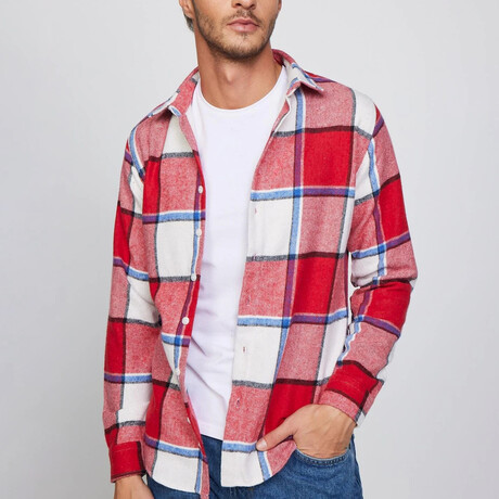 Windowpane Plaid Flannel  Shirt // White + Black + Blue + Red (XS)