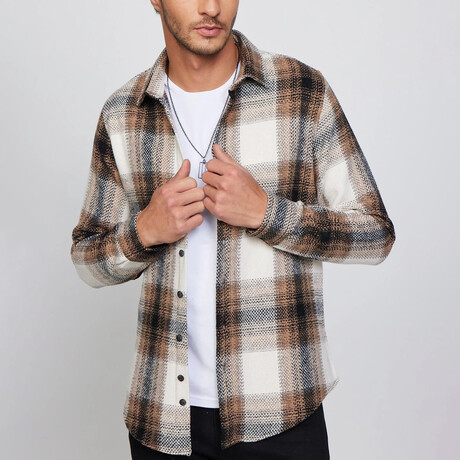 Plaid Flannel  Shirt // White + Navy Blue + Brown (XS)