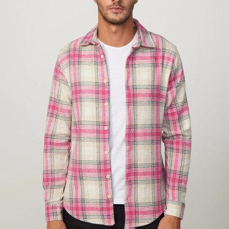 Big Plaid Flannel  Shirt // Beige + Gray + Pink (XS)