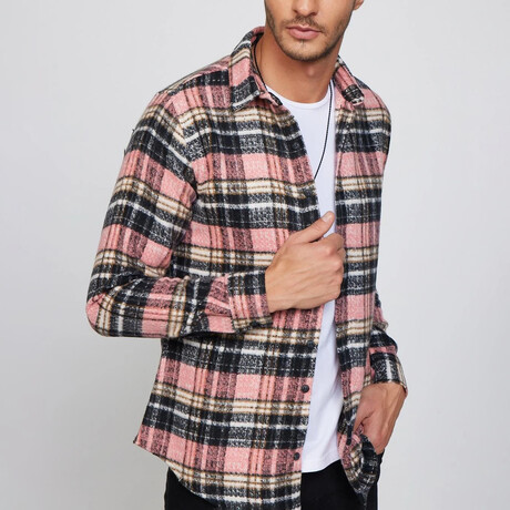 Plaid Flannel  Shirt // Pink + White + Light Brown + Black (XS)