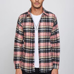 Plaid Flannel Shirt // Pink + White + Light Brown + Black (L)