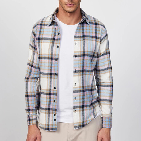 Plaid Flannel  Shirt // White + Blue + Pink + Light Brown (XS)