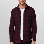 Small Plaid Flannel Shirt // Burgundy + Red + Black (L)