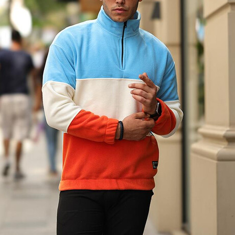 Blocked Half Zip Fleece Sweatshirt // Light Blue + Beige + Orange (XS)