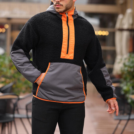 Hooded Kangaroo Pocket Half Zip Plush Sweatshirt // Black + Orange (XS)