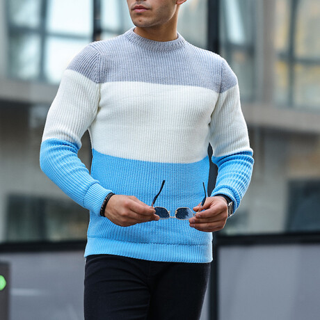 3 Colors Crew Neck Sweater // Blue (L)