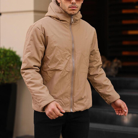 Matte Leather Hooded Coat // Beige (XS)