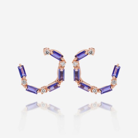 14K Rose Gold Diamond + Iolite Hoop Earrings // New