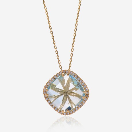 14K Yellow Gold Diamond + Blue Topaz Pendant Necklace // 16"-18" // New