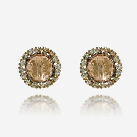 14K Yellow Gold Morganite Topaz + Diamond Stud Earrings // New