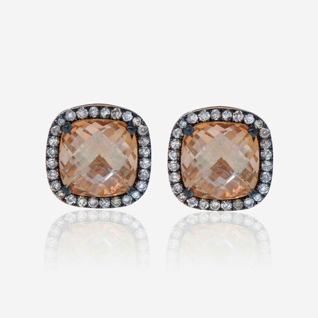 18K Rose Gold Champagne Topaz + Diamond Stud Earrings // New