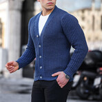Button Up V-Neck Knit Cardigan // Blue (XL)