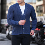 Button Up V-Neck Knit Cardigan // Blue (XL)