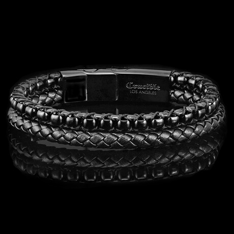 Polished Black Plated Stainless Steel Box Chain + Leather Cuff Bracelet // 8.5"