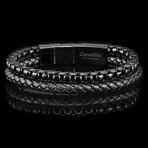 Polished Black Plated Stainless Steel Box Chain + Leather Cuff Bracelet // 8.5"