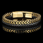 Polished Gold Plated Stainless Steel Franco Chain + Leather Cuff Bracelet // 8.5"