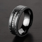 Carbon Fiber Center Cubic Zirconia Stones Black Plated Steel Band Ring // 8mm (Size 9)