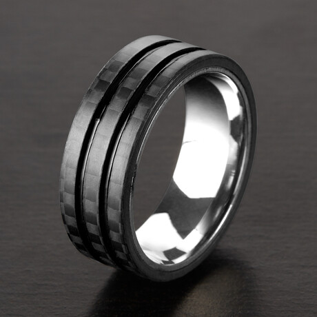 Carbon Fiber Stripes Black Plated Grooves Stainless Steel Band Ring // 8mm (Size 8)