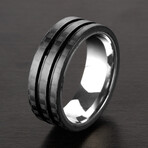 Carbon Fiber Stripes Black Plated Grooves Stainless Steel Band Ring // 8mm (Size 8)