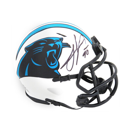 Julius Peppers // Signed Carolina Panthers Lunar Eclipse White Matte Riddell Speed Mini Helmet