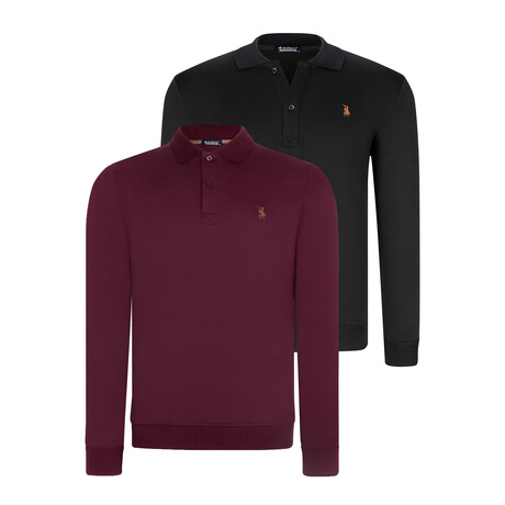 Set of 2 // Polo Collar Quarter Button Sweaters // Black + Burgundy (S)