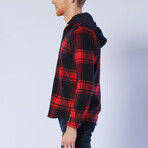 Hooded Plaid Jacket // Navy Blue + Red (M)