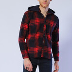 Hooded Plaid Jacket // Navy Blue + Red (M)