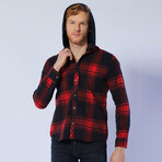 Hooded Plaid Jacket // Navy Blue + Red (M)