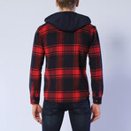 Hooded Plaid Jacket // Navy Blue + Red (M)
