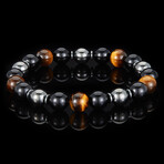 Tiger Eye + Onyx + Magnetic Hematite Stone Stretch Bracelet // 8.5"