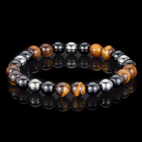 Tiger Eye + Onyx + Magnetic Hematite Stone Stretch Bracelet // 8"