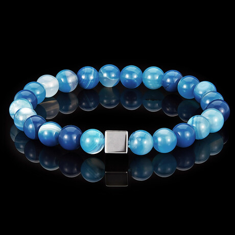 Blue Banded Agate + Hematite Cube Stone Stretch Bracelet // 8"