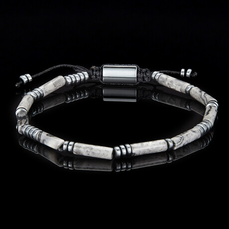 Gray Picture Jasper + Hematite Stone Adjustable Bracelet // 9"