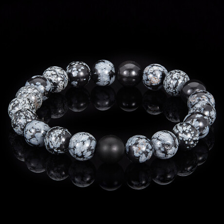 Snowflake Agate + Matte Onyx Stone Stretch Bracelet // 8.25"