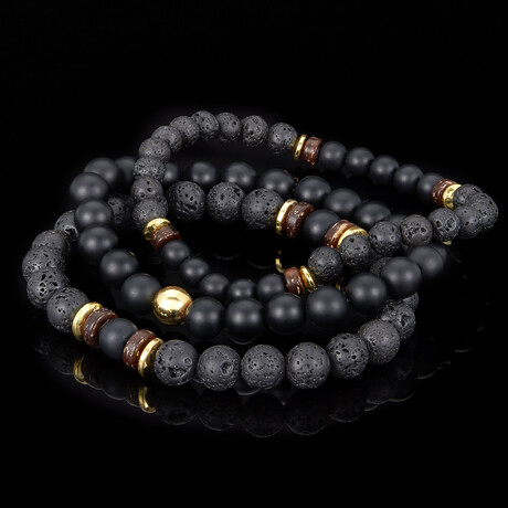 Matte Agate + Gold Plated Hematite + Lava + Wood Bead Stretch Bracelets // Set of 3 // 8"