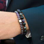 Amethyst + Hematite Cube Stone Stretch Bracelet // 8"