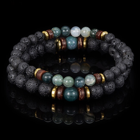 Moss Agate + Gold Plated Hematite + Lava + Wood Bead Stretch Bracelets // Set of 2 // 8"