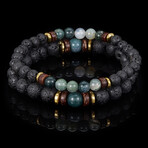 Moss Agate + Gold Plated Hematite + Lava + Wood Bead Stretch Bracelets // Set of 2 // 8"