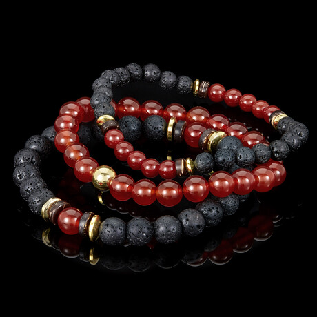 Red Agate + Gold Plated Hematite + Lava + Wood Bead Stretch Bracelets // Set of 3 // 8"